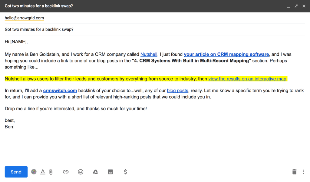 Backlink swap cold email example