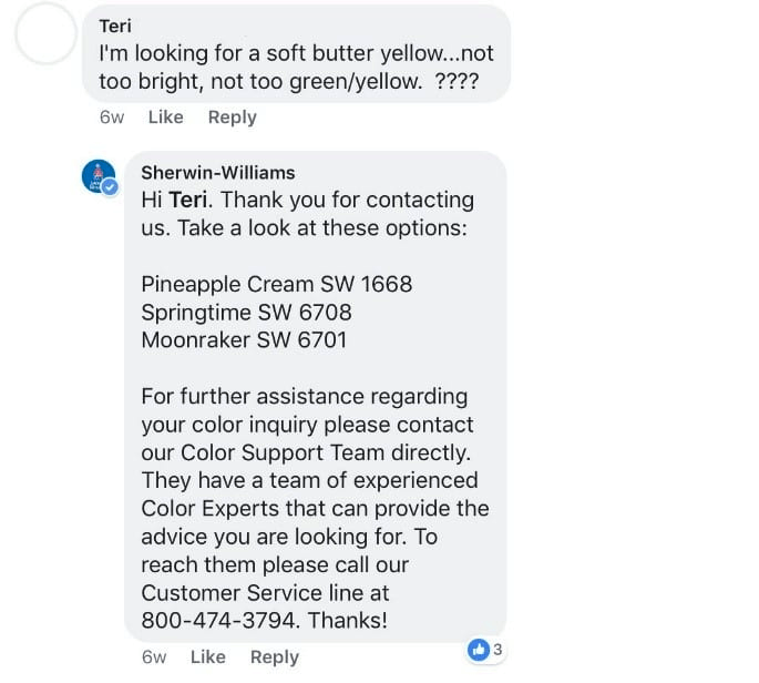 a Facebook post from sherwin-williams to Teri
