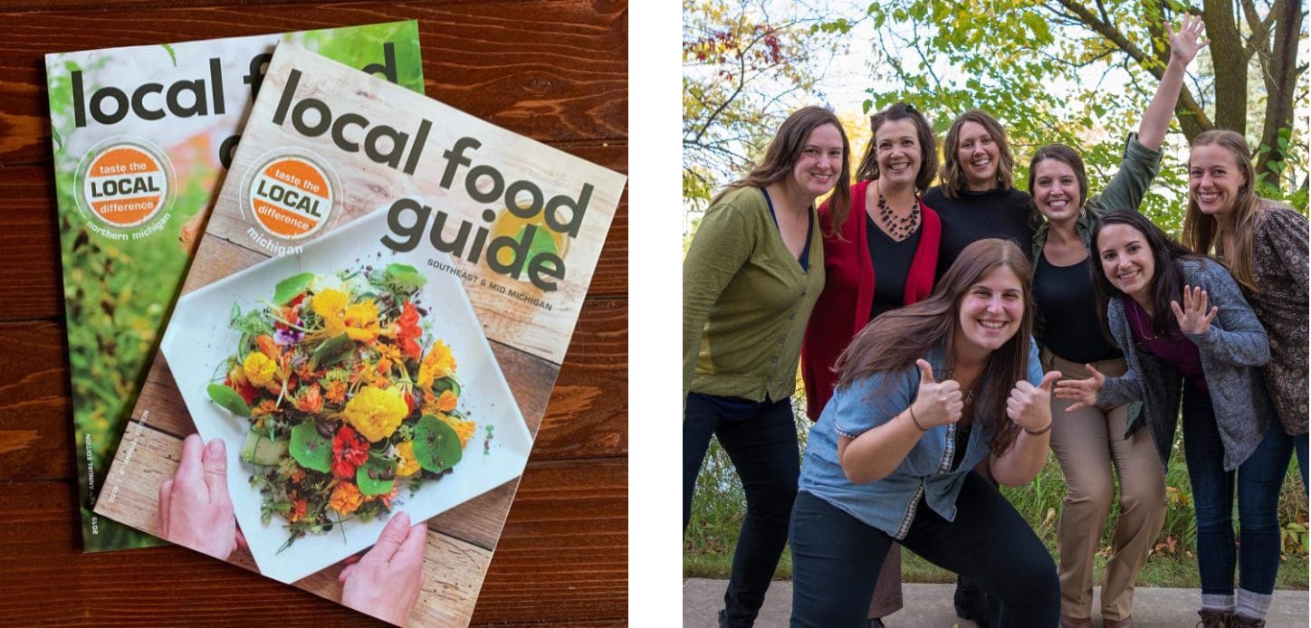 un groupe de femmes posant pour une photo à côté d'un guide alimentaire local