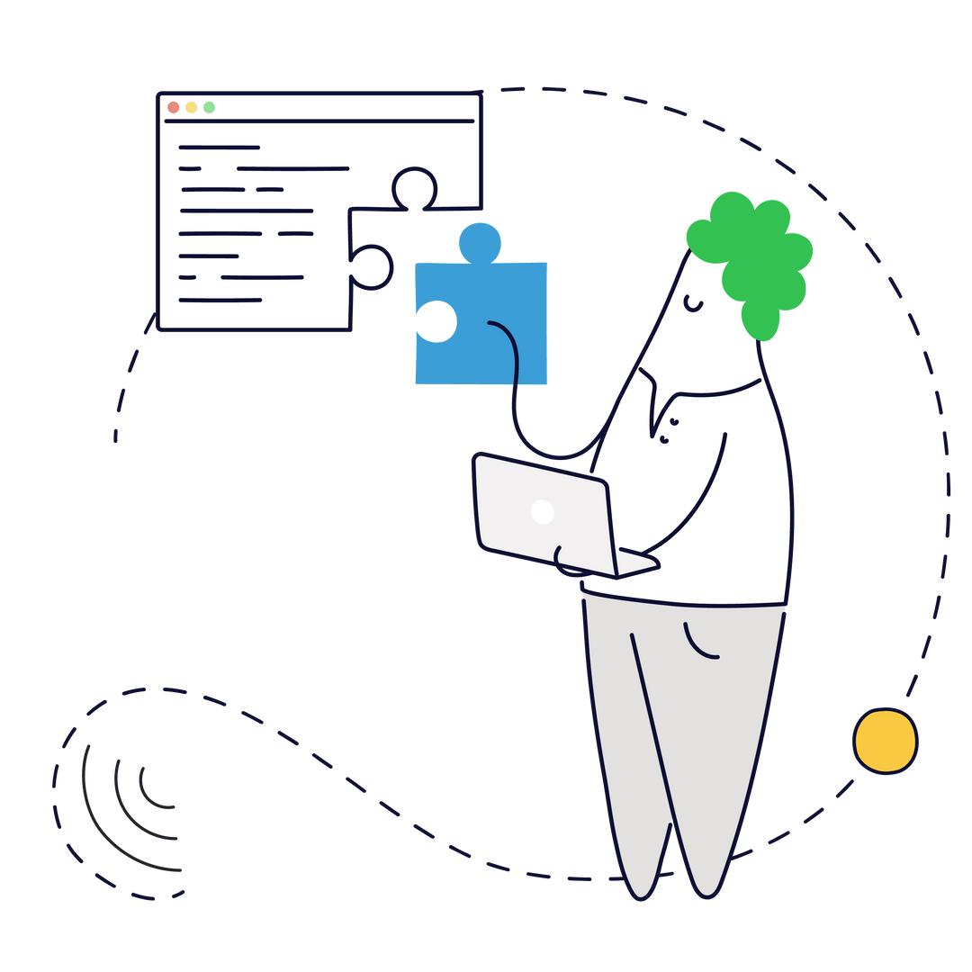 man completing a puzzle piece while holding a laptop