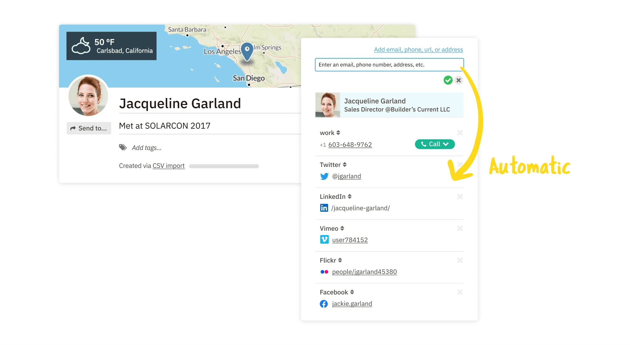 Nutshell mobile app screenshots showing how Nutshell automatically gathers insights about every lead