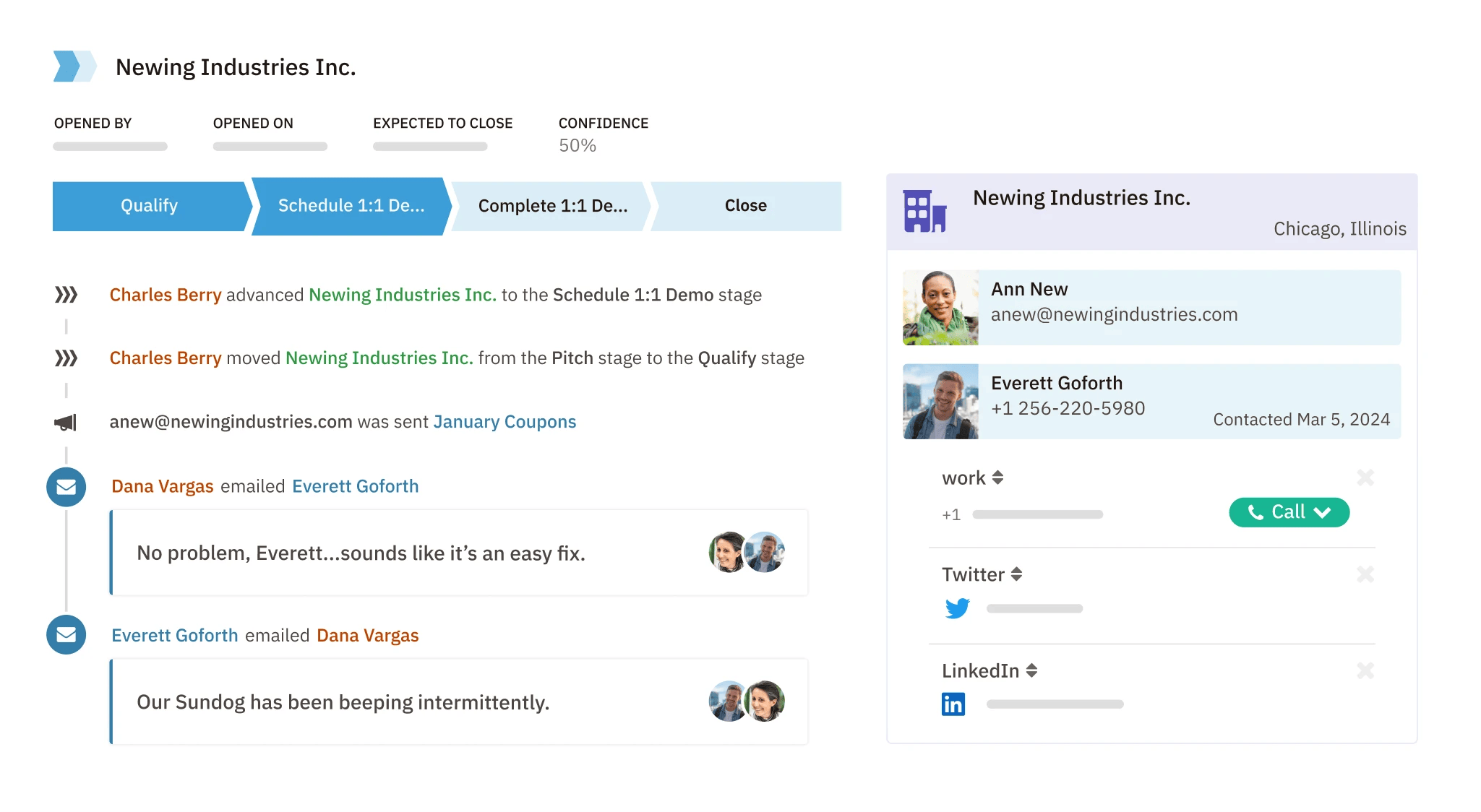 a screenshot of a lead called Newing Industries Inc. in Nutshell CRM