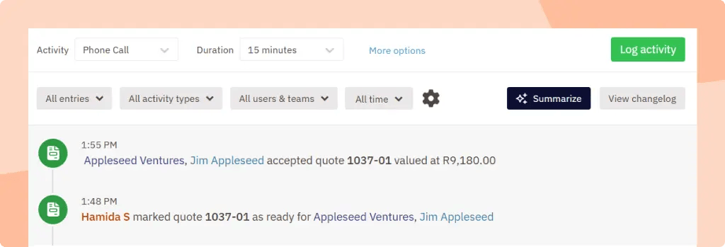 A screenshot of a Lead's timeline in Nutshell showing updates related to quotes sent