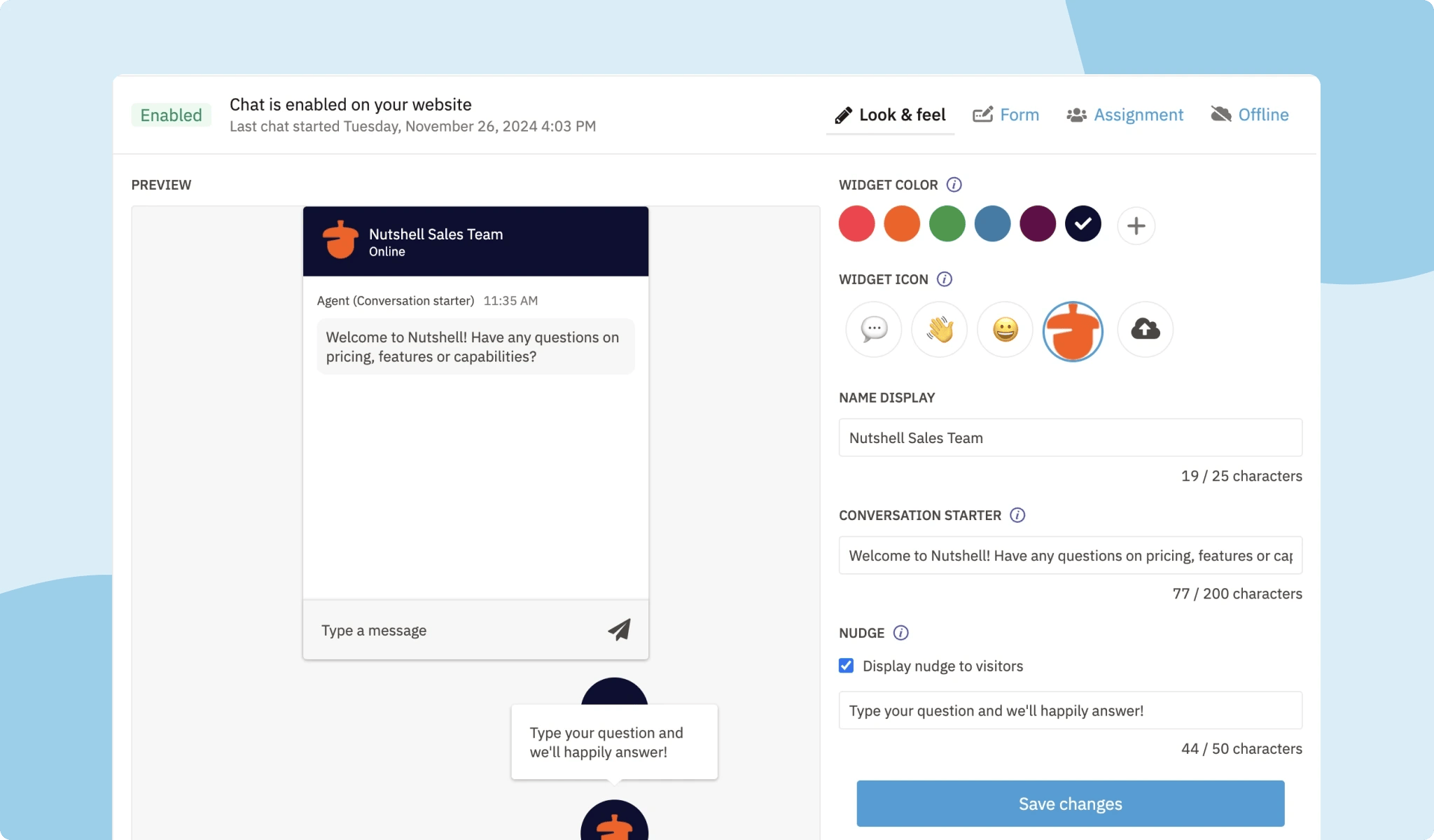 Nutshell CRM Web Chat Customization Options